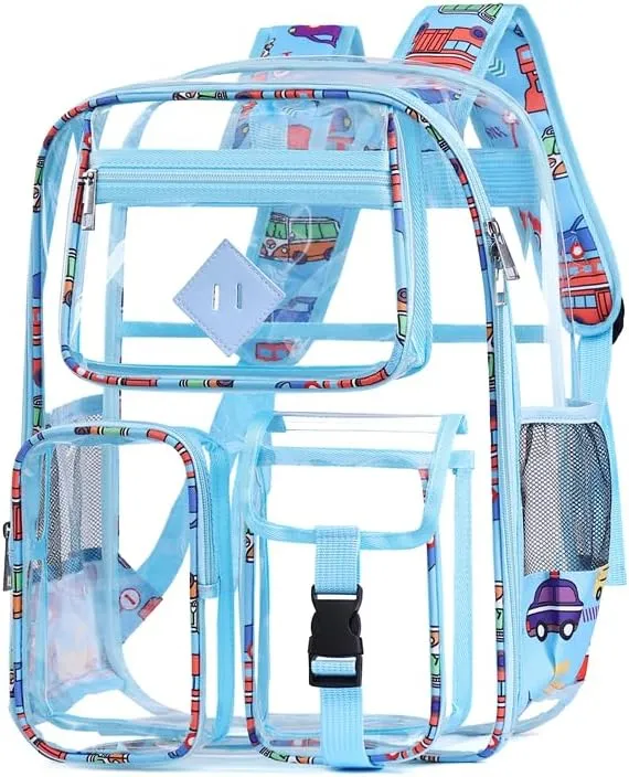 Men's and Women's Transparent Backpack with Large Capacity Graffiti Pattern PVC Material Backpack, Suitable for Daily Use and Travel Use,Blue Car