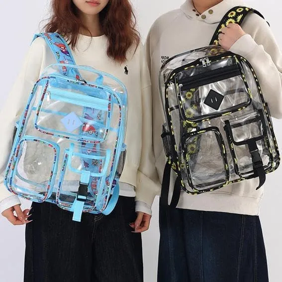 Men's and Women's Transparent Backpack with Large Capacity Graffiti Pattern PVC Material Backpack, Suitable for Daily Use and Travel Use,Blue Car