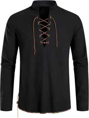 Men's Classic Shirts Lace Up Cotton Shirt Vintage Costume Long Sleeve Tops for Medieval Viking Hippie Halloween