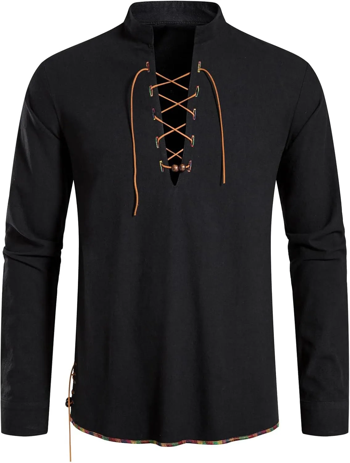 Men's Classic Shirts Lace Up Cotton Shirt Vintage Costume Long Sleeve Tops for Medieval Viking Hippie Halloween