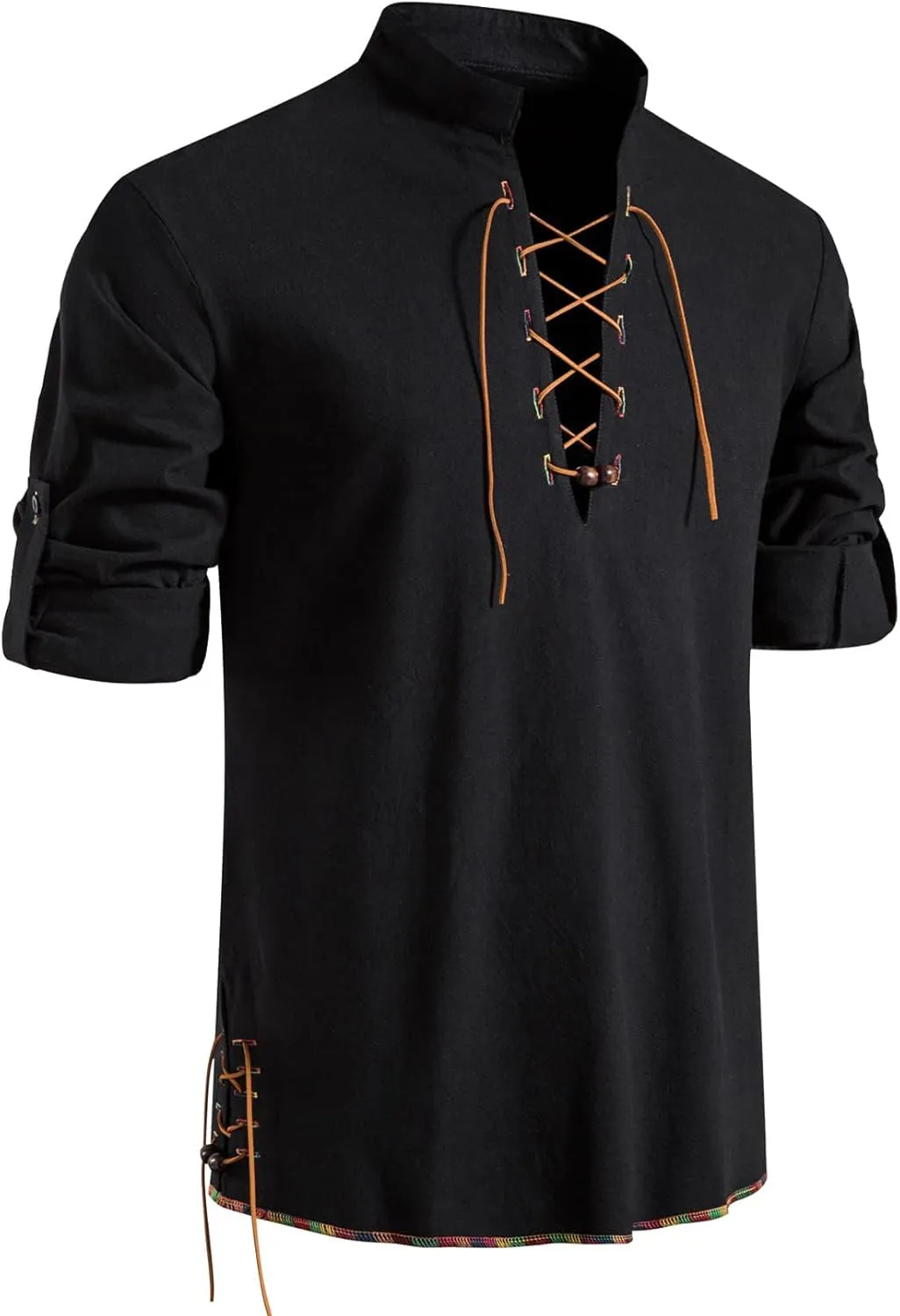 Men's Classic Shirts Lace Up Cotton Shirt Vintage Costume Long Sleeve Tops for Medieval Viking Hippie Halloween