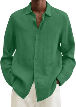 Mens Cotton Linen Long Sleeve Shirts Casual Lightweight Button Down T-shirts Summer Vacation Beach Tops Cuban Shirt