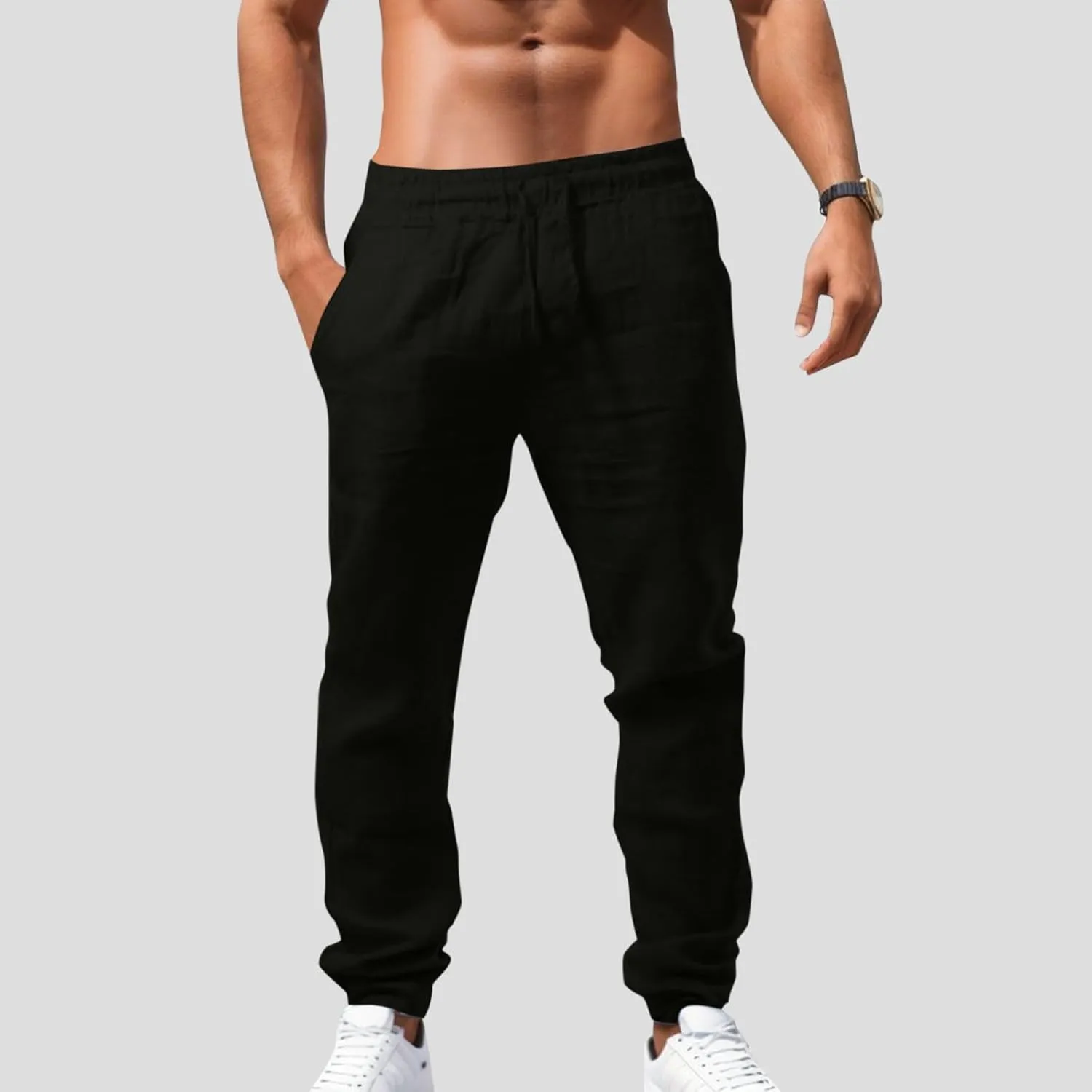 Mens Cotton Linen Pants Elastic Waist Drawstring Straight Leg Casual Pants Summer Loose Lightweight Yoga Beach Slacks