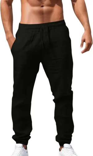 Mens Cotton Linen Pants Elastic Waist Drawstring Straight Leg Casual Pants Summer Loose Lightweight Yoga Beach Slacks