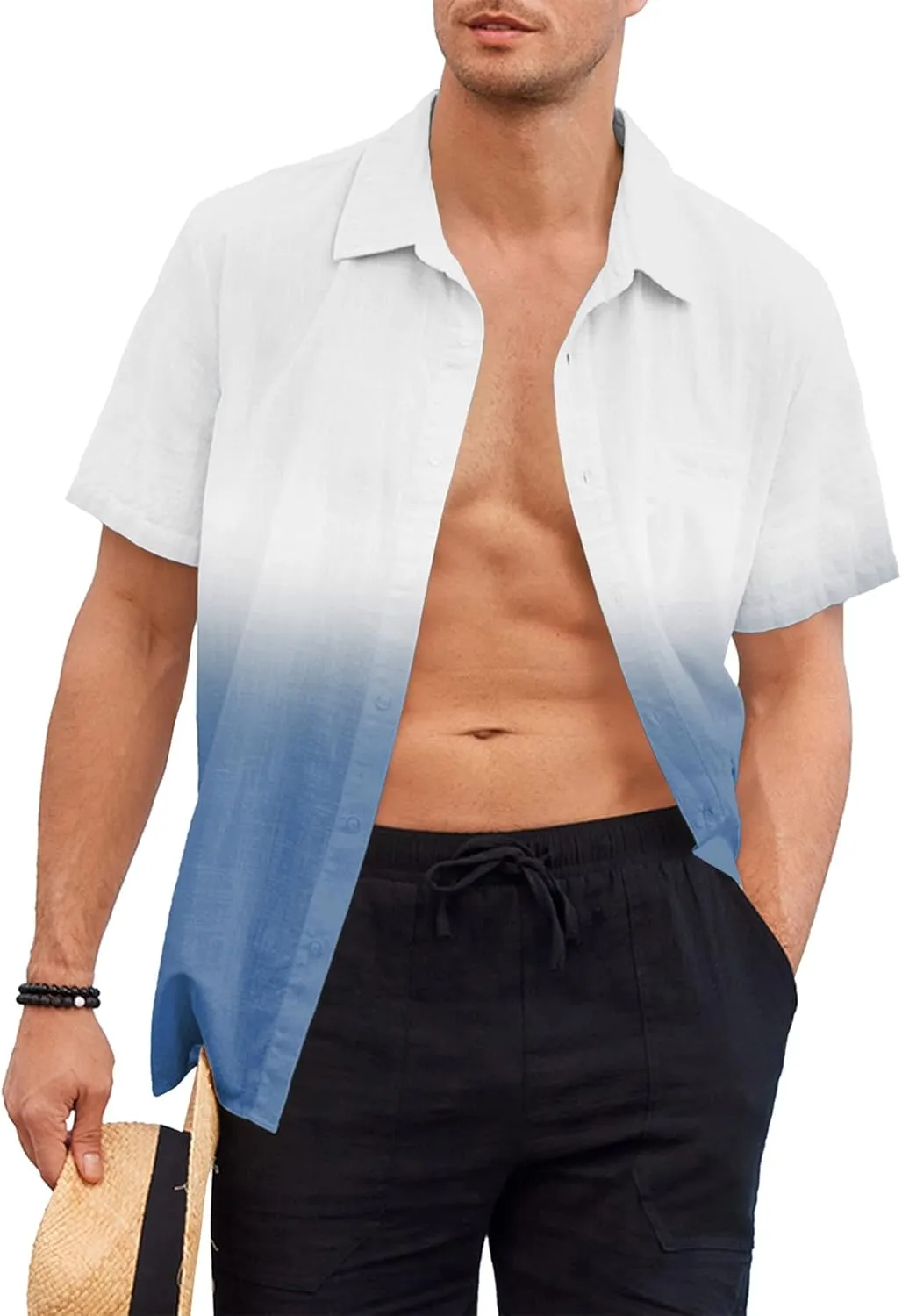 Mens Gradient Linen Shirts Casual Button Down Short Sleeve Beach Summer Shirts