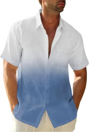 Mens Gradient Linen Shirts Casual Button Down Short Sleeve Beach Summer Shirts