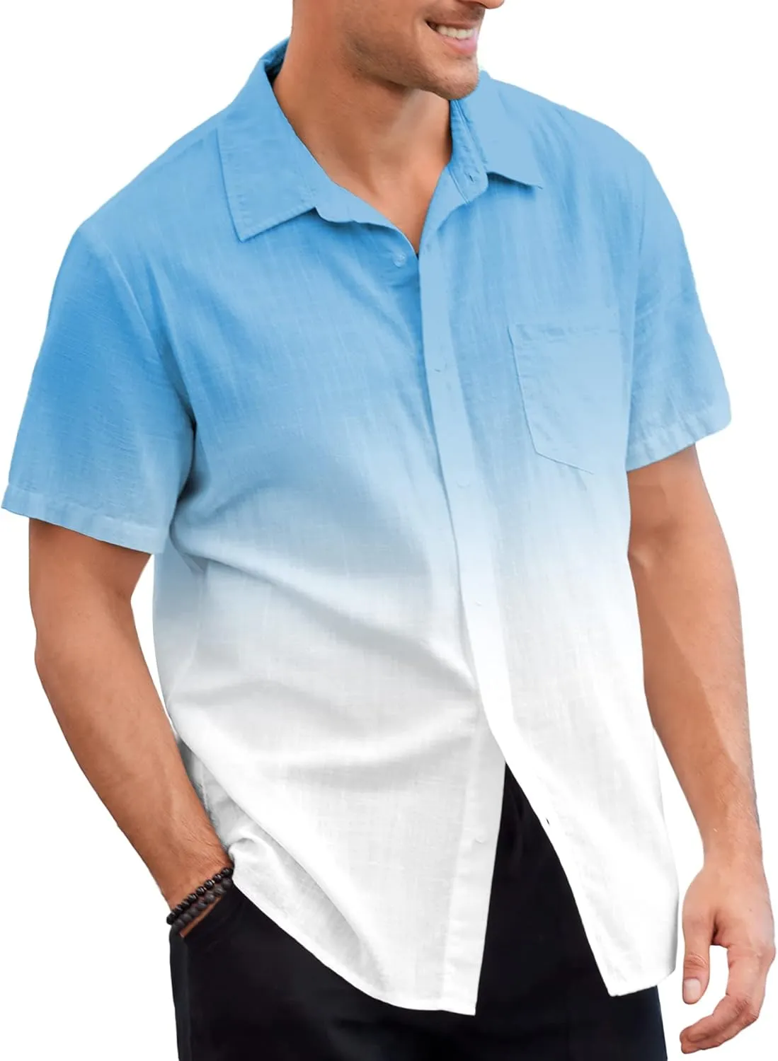 Mens Gradient Linen Shirts Casual Button Down Short Sleeve Beach Summer Shirts
