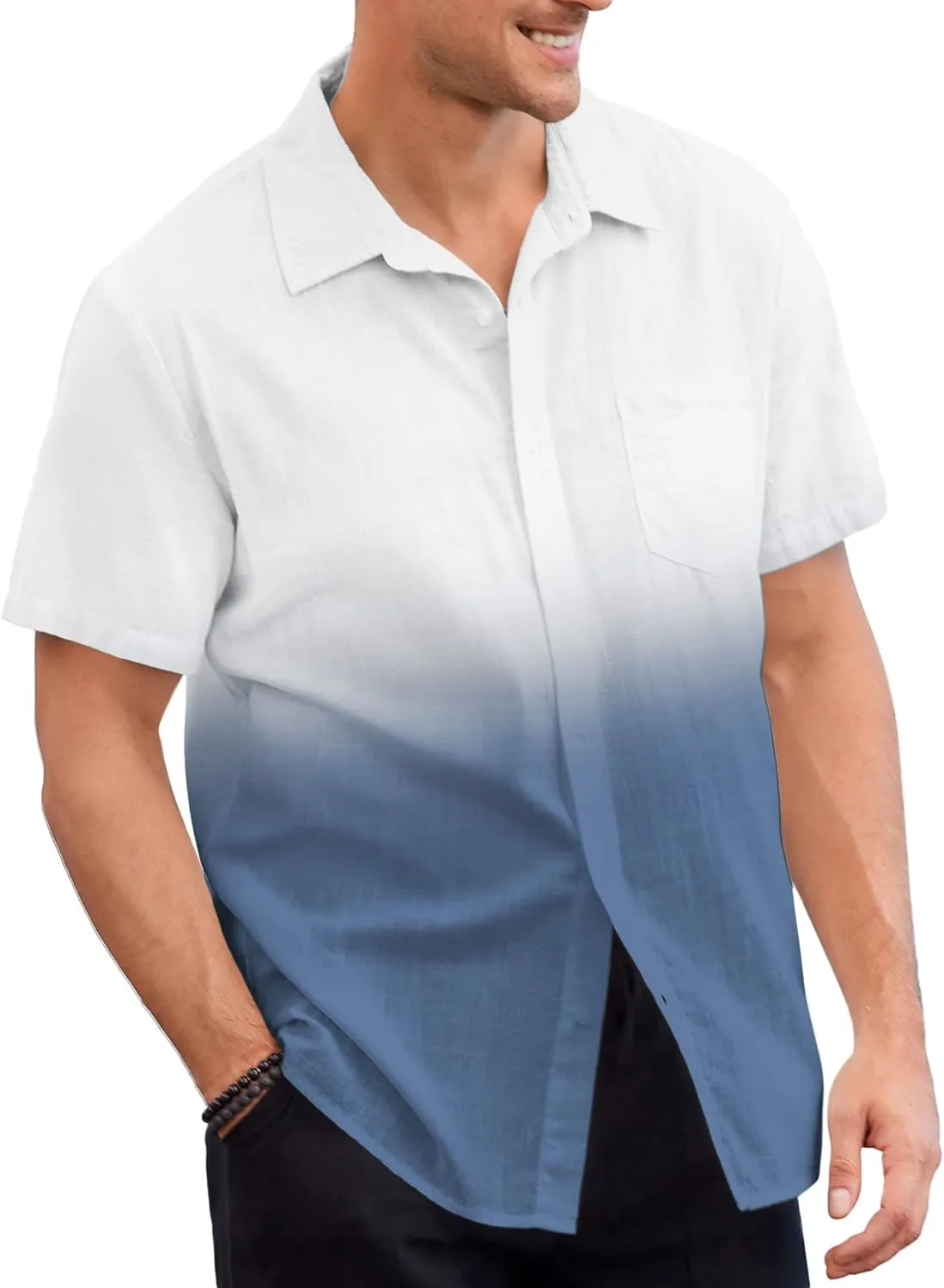 Mens Gradient Linen Shirts Casual Button Down Short Sleeve Beach Summer Shirts