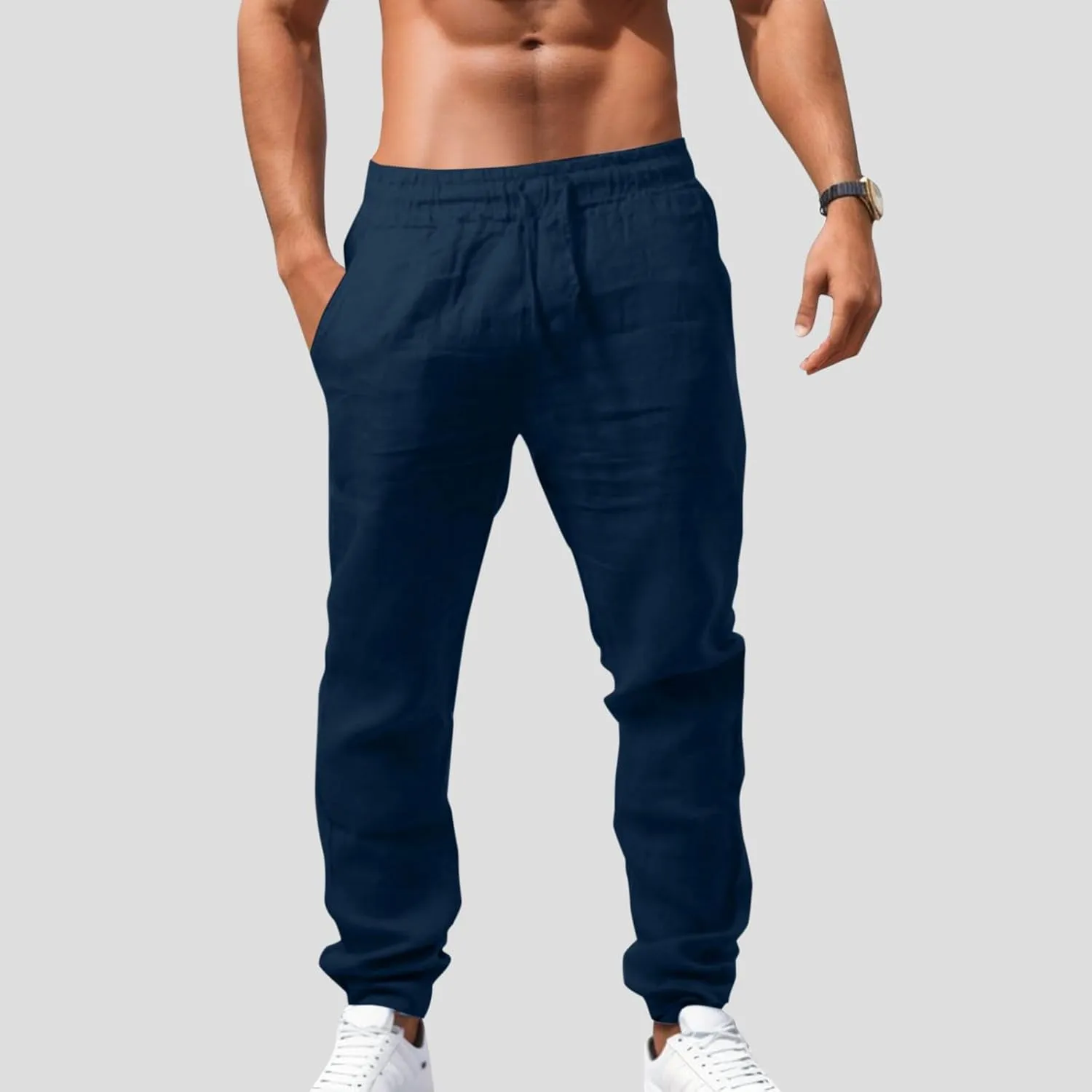 Mens Linen Pants Elastic Waist Drawstring Straight Leg Casual Long Pants Summer Loose Lightweight Yoga Beach Slacks