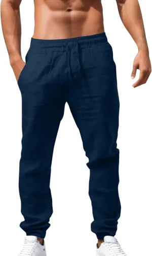 Mens Linen Pants Elastic Waist Drawstring Straight Leg Casual Long Pants Summer Loose Lightweight Yoga Beach Slacks
