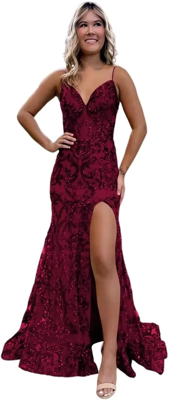 Mermaid Sparkly Sequin Prom Dress with Slit for Women 2025 Spaghetti Straps Tulle Evening Formal Gown