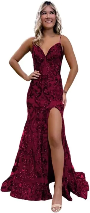 Mermaid Sparkly Sequin Prom Dress with Slit for Women 2025 Spaghetti Straps Tulle Evening Formal Gown