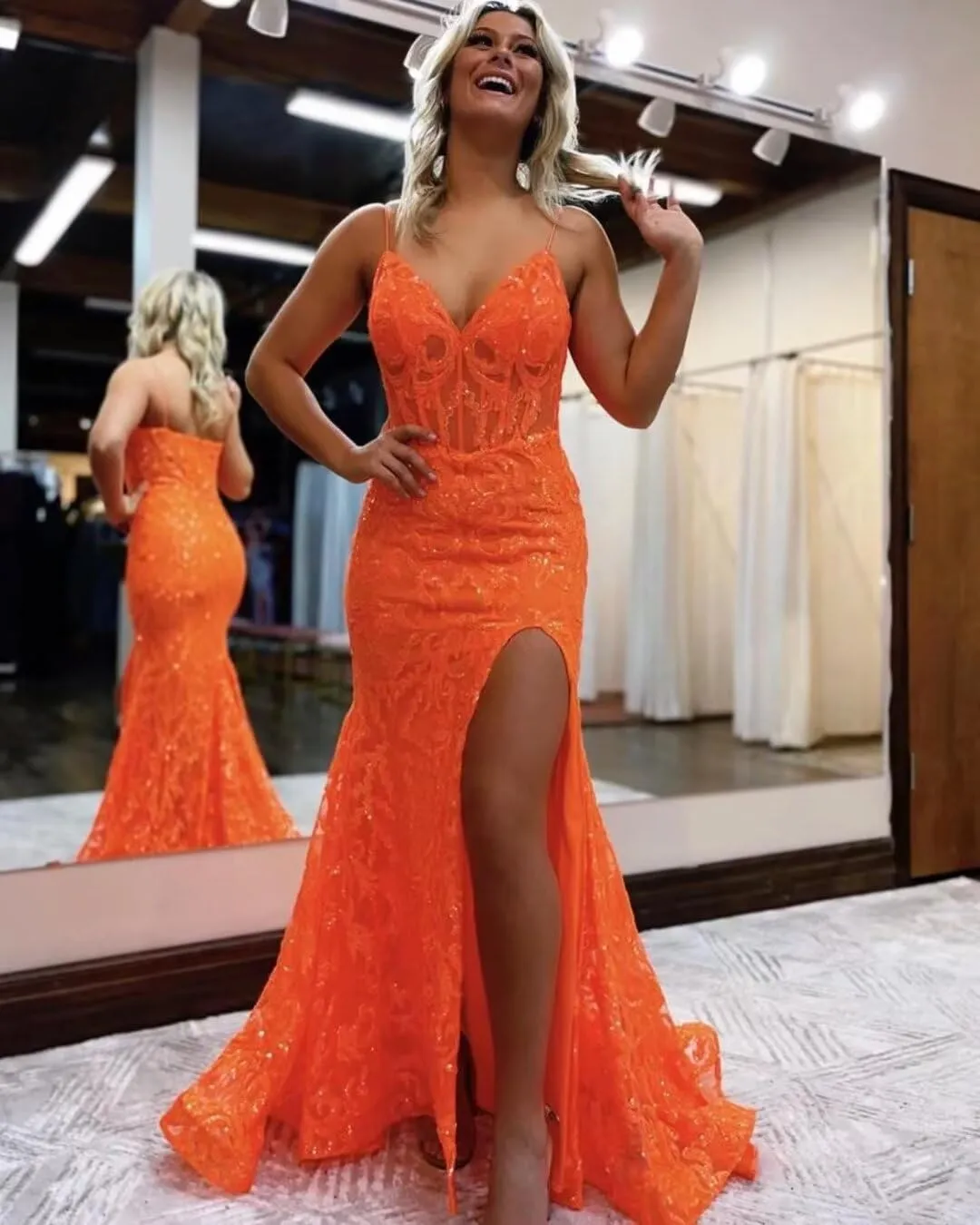 Mermaid Sparkly Sequin Prom Dress with Slit for Women 2025 Spaghetti Straps Tulle Evening Formal Gown