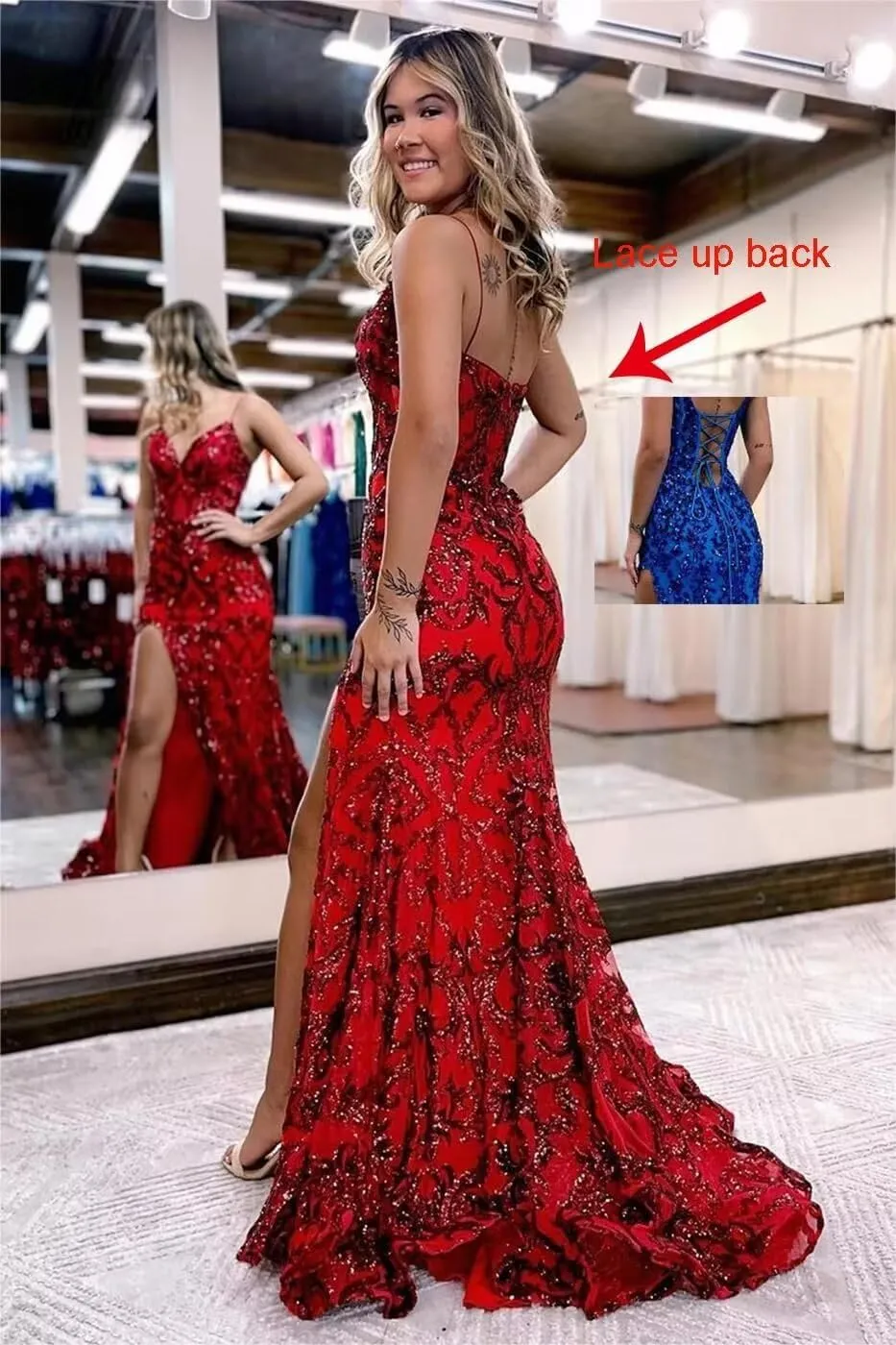 Mermaid Sparkly Sequin Prom Dress with Slit for Women 2025 Spaghetti Straps Tulle Evening Formal Gown