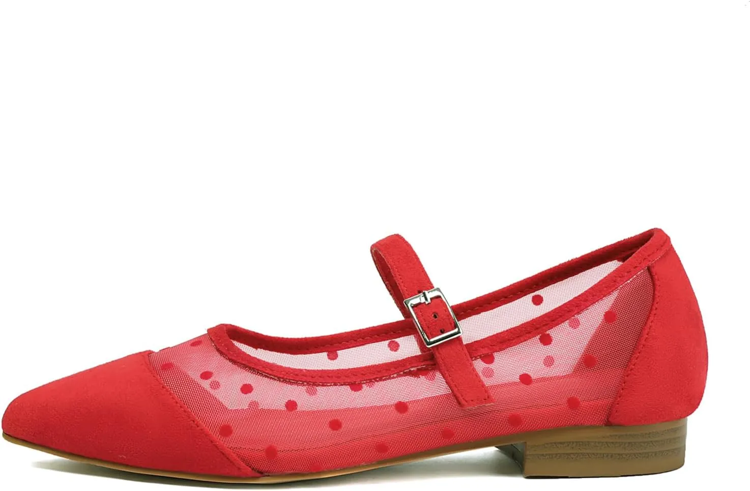 Mesh Ballet Flats for Women Point Toe Splicing Dot Tulle Ballerina Shoes with Adjustable Ankle Strap Comfortable Casual Work Dress Office Womens Flats Shoes