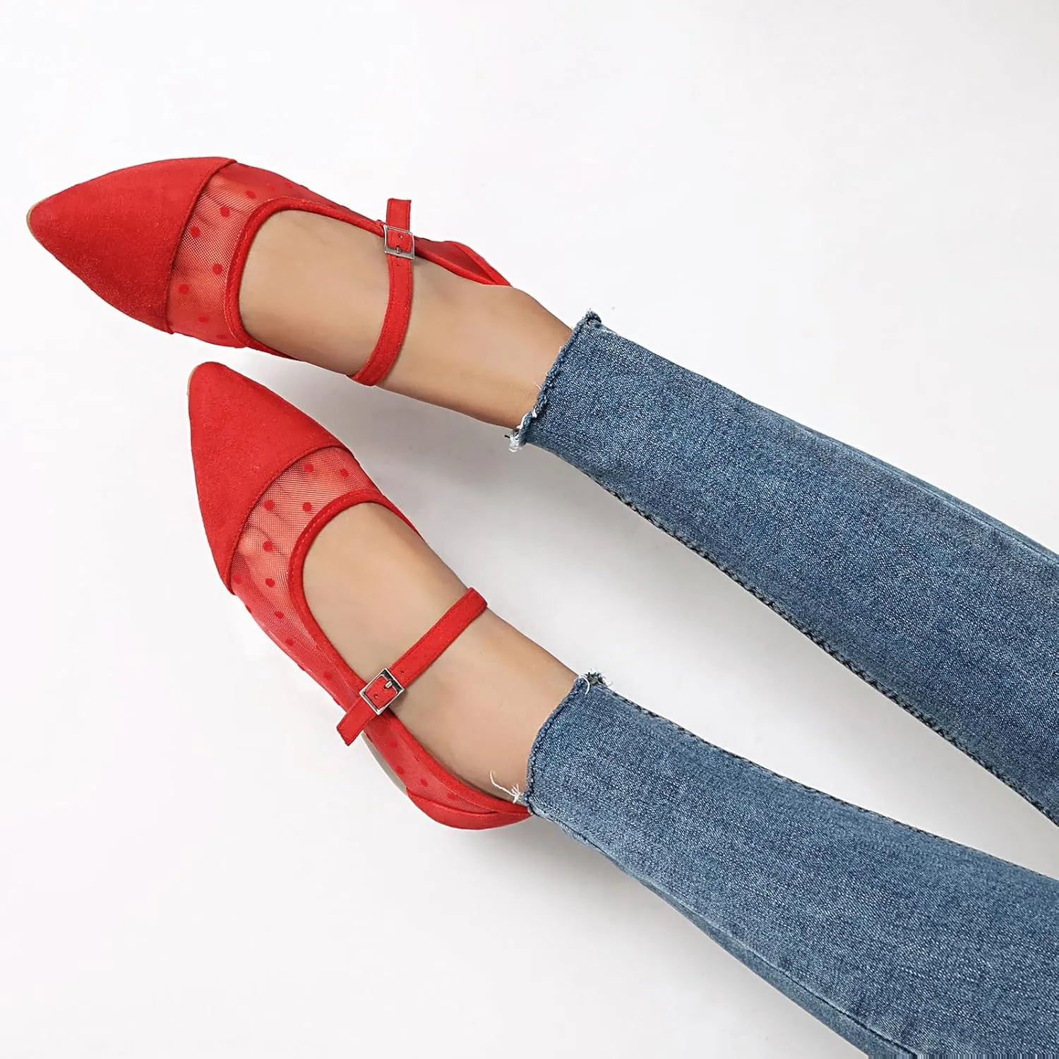 Mesh Ballet Flats for Women Point Toe Splicing Dot Tulle Ballerina Shoes with Adjustable Ankle Strap Comfortable Casual Work Dress Office Womens Flats Shoes