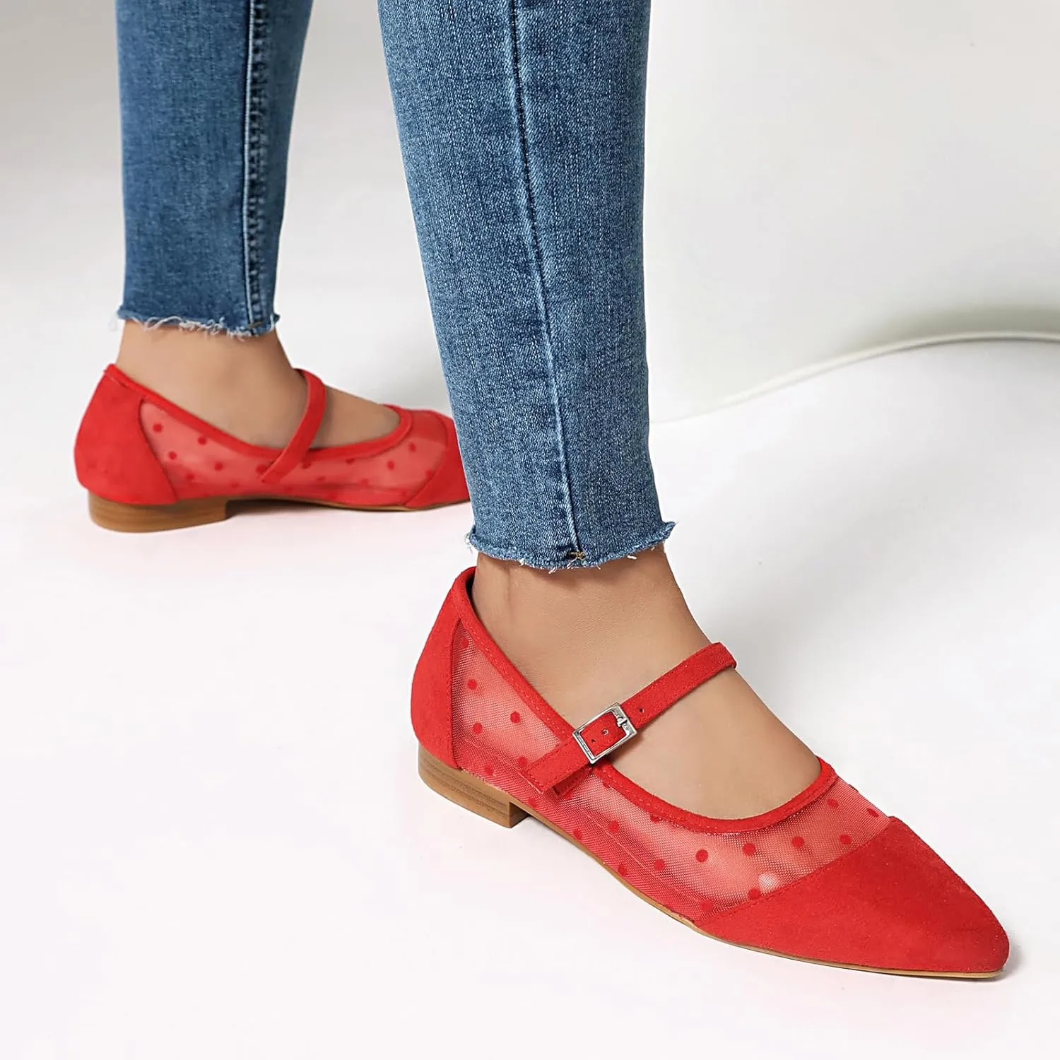 Mesh Ballet Flats for Women Point Toe Splicing Dot Tulle Ballerina Shoes with Adjustable Ankle Strap Comfortable Casual Work Dress Office Womens Flats Shoes
