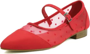 Mesh Ballet Flats for Women Point Toe Splicing Dot Tulle Ballerina Shoes with Adjustable Ankle Strap Comfortable Casual Work Dress Office Womens Flats Shoes