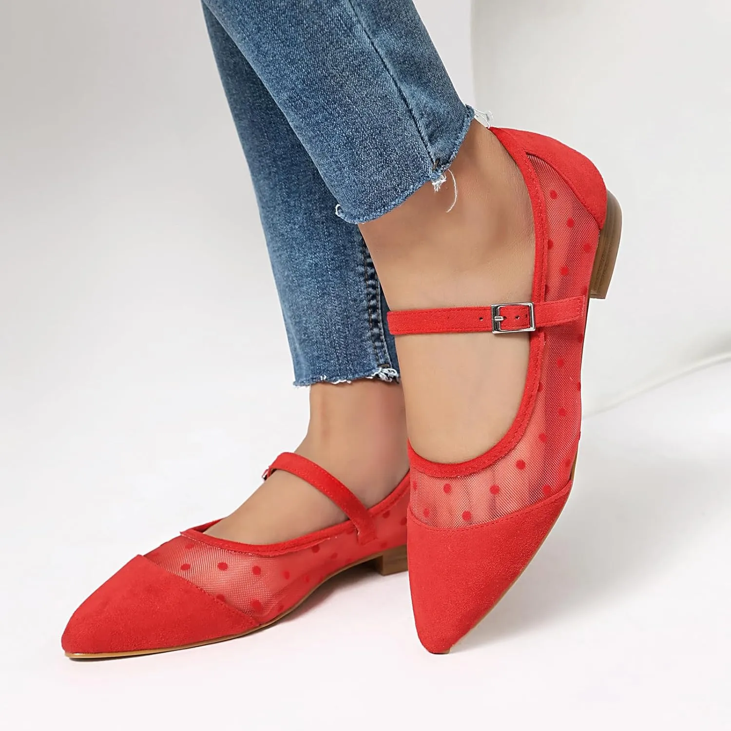 Mesh Ballet Flats for Women Point Toe Splicing Dot Tulle Ballerina Shoes with Adjustable Ankle Strap Comfortable Casual Work Dress Office Womens Flats Shoes