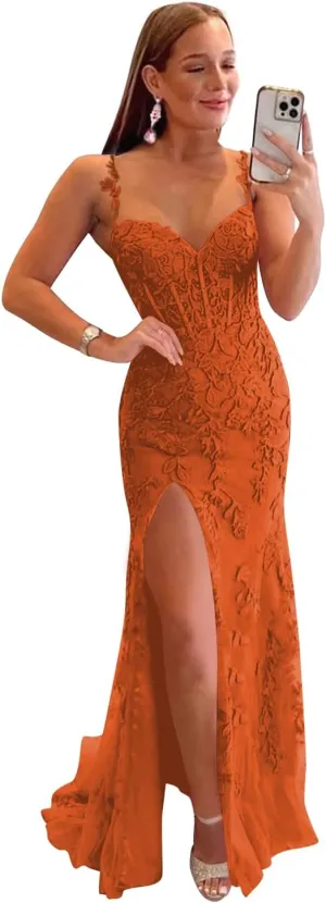 Miao Duo Women's Lace Mermaid Prom Dresses Long with Slit Mermaid Spaghetti Straps Backless Formal Evening Gowns YZTS099