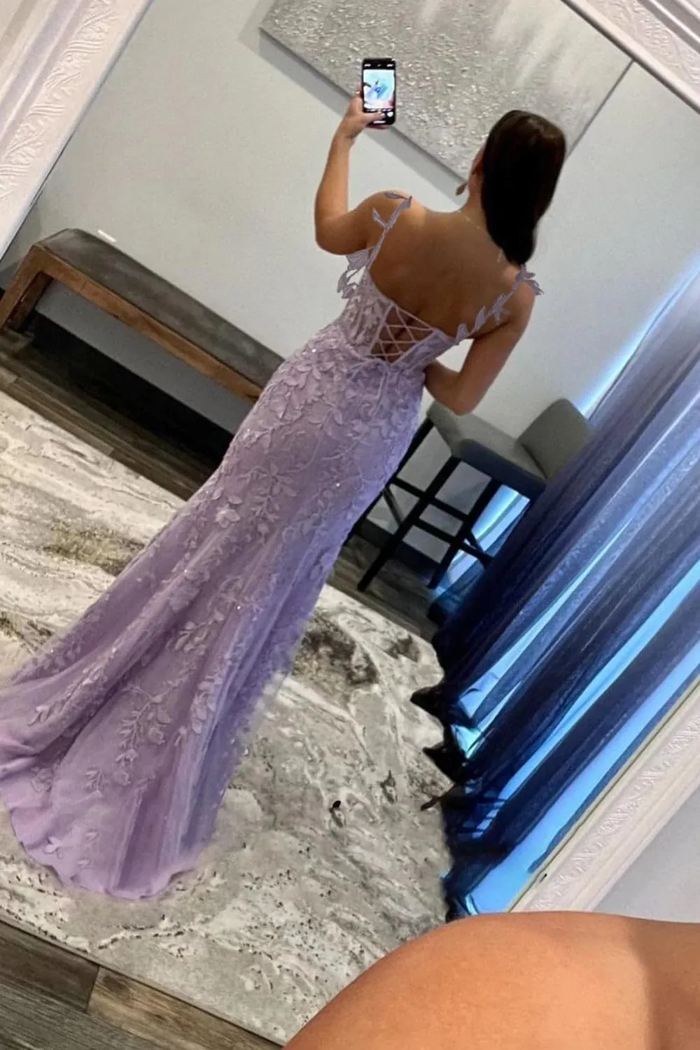 Miao Duo Women's Lace Mermaid Prom Dresses Long with Slit Mermaid Spaghetti Straps Backless Formal Evening Gowns YZTS099