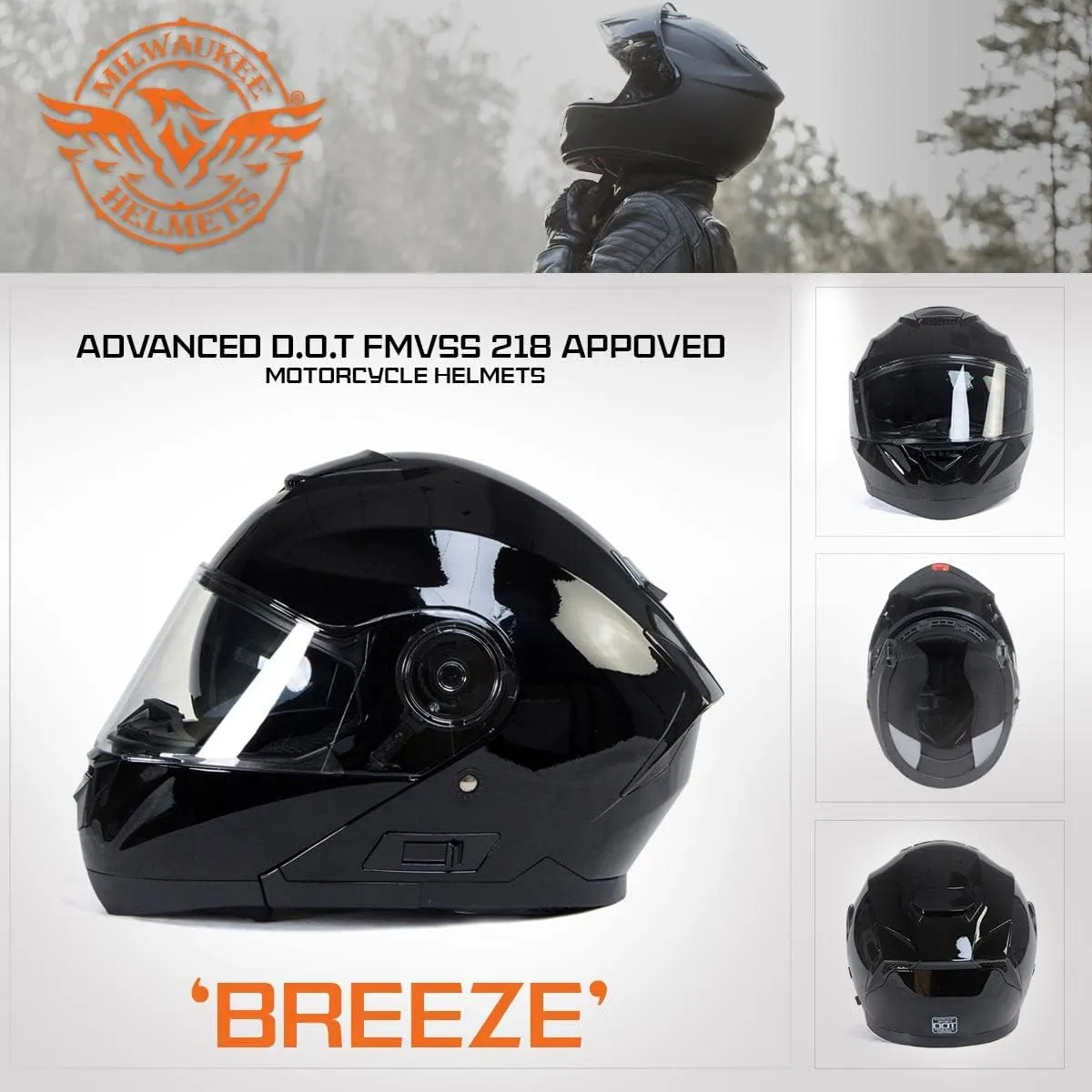 Milwaukee Helmets MPH9815DOT Breeze Gloss Black Advanced Motorcycle Modular Helmet Biker w/Drop Down Visor - XX-Large