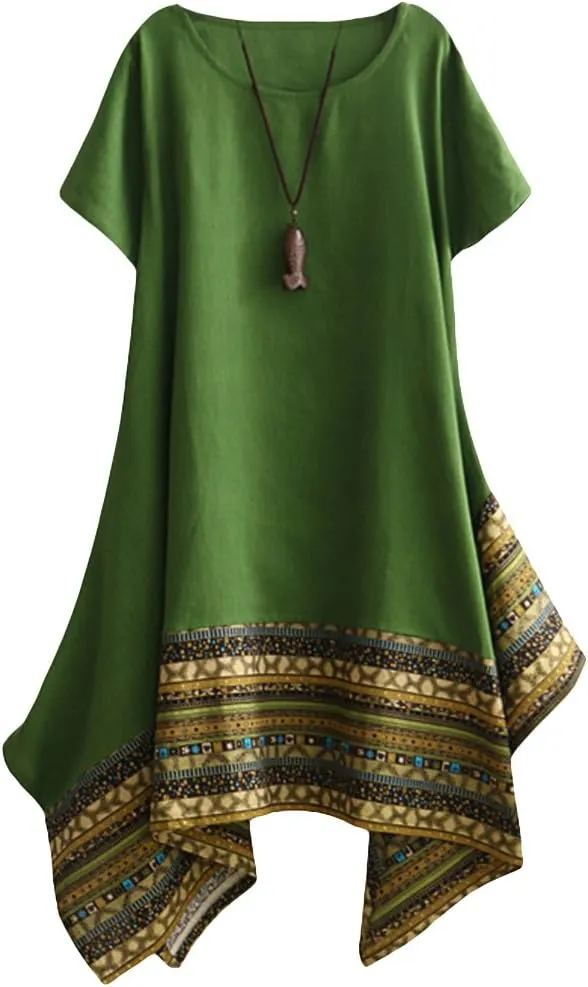 Minibee Women's Ethnic Cotton Linen Short/Long Sleeves Irregular Dress