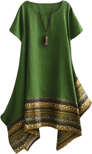 Minibee Women's Ethnic Cotton Linen Short/Long Sleeves Irregular Dress