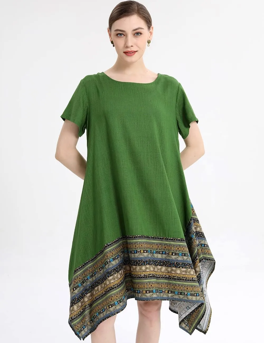 Minibee Women's Ethnic Cotton Linen Short/Long Sleeves Irregular Dress