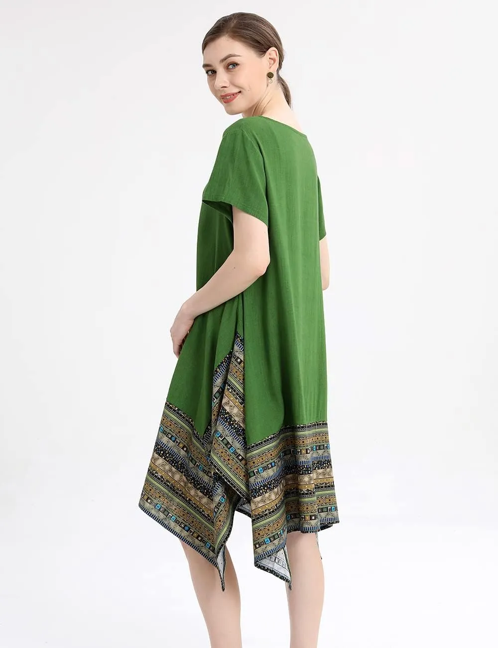 Minibee Women's Ethnic Cotton Linen Short/Long Sleeves Irregular Dress