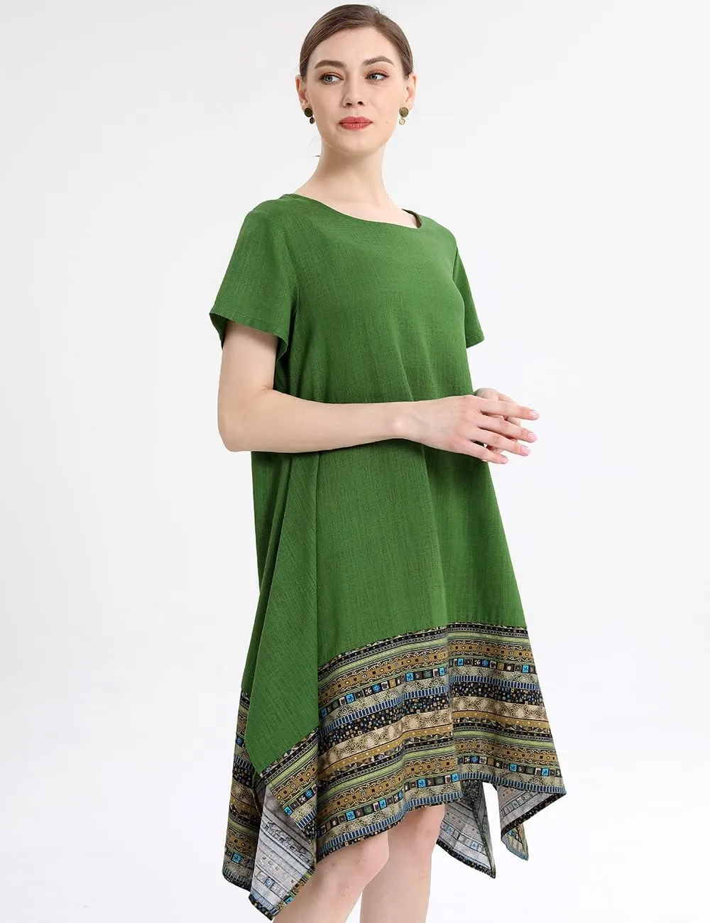 Minibee Women's Ethnic Cotton Linen Short/Long Sleeves Irregular Dress