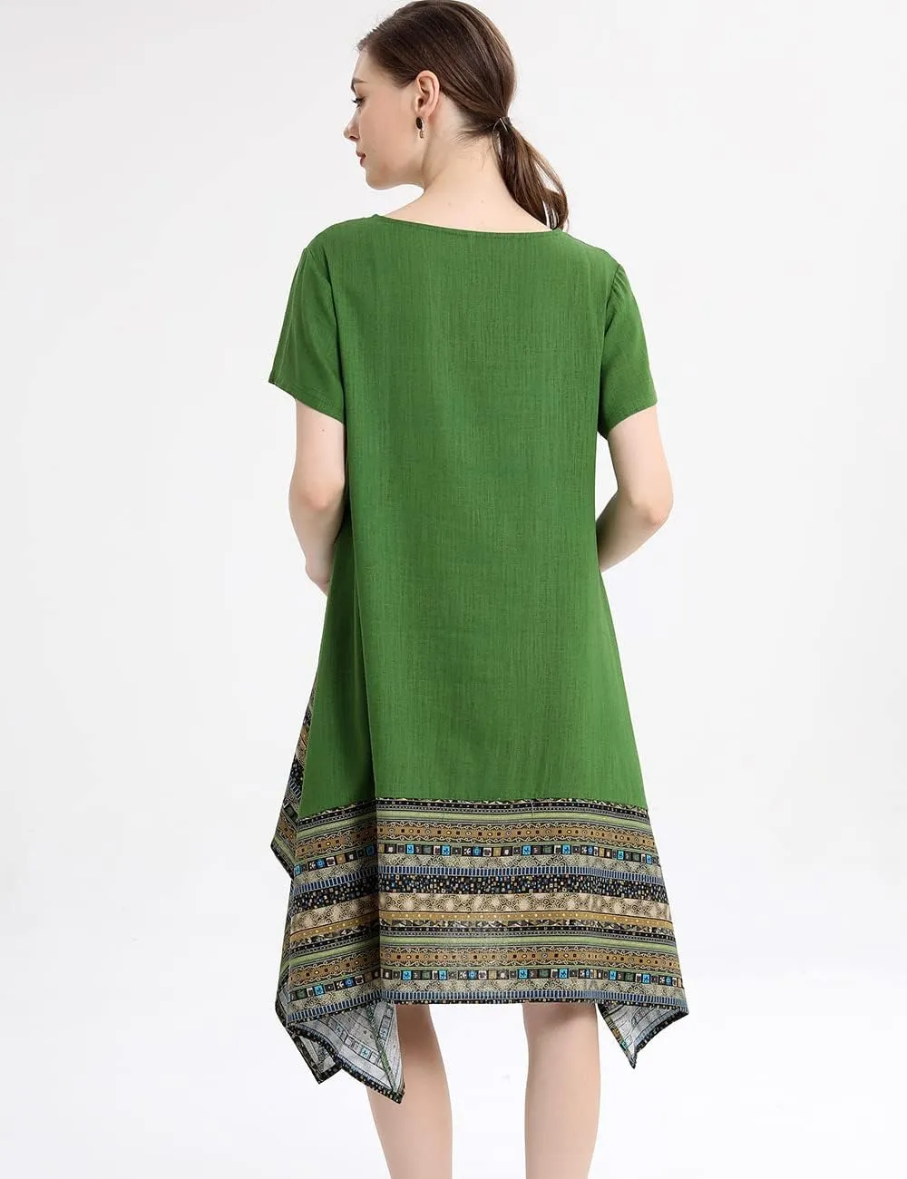 Minibee Women's Ethnic Cotton Linen Short/Long Sleeves Irregular Dress