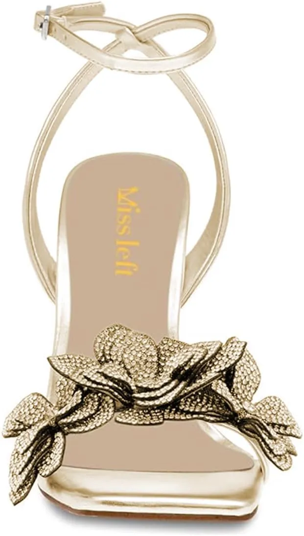 miss left Women Rhinestones Stiletto Heel Sandals with Strap Buckles Flower Embellished Open Square Toe High Heels Pumps Chic Wedding Event Dress Shoes Size 4-16 US