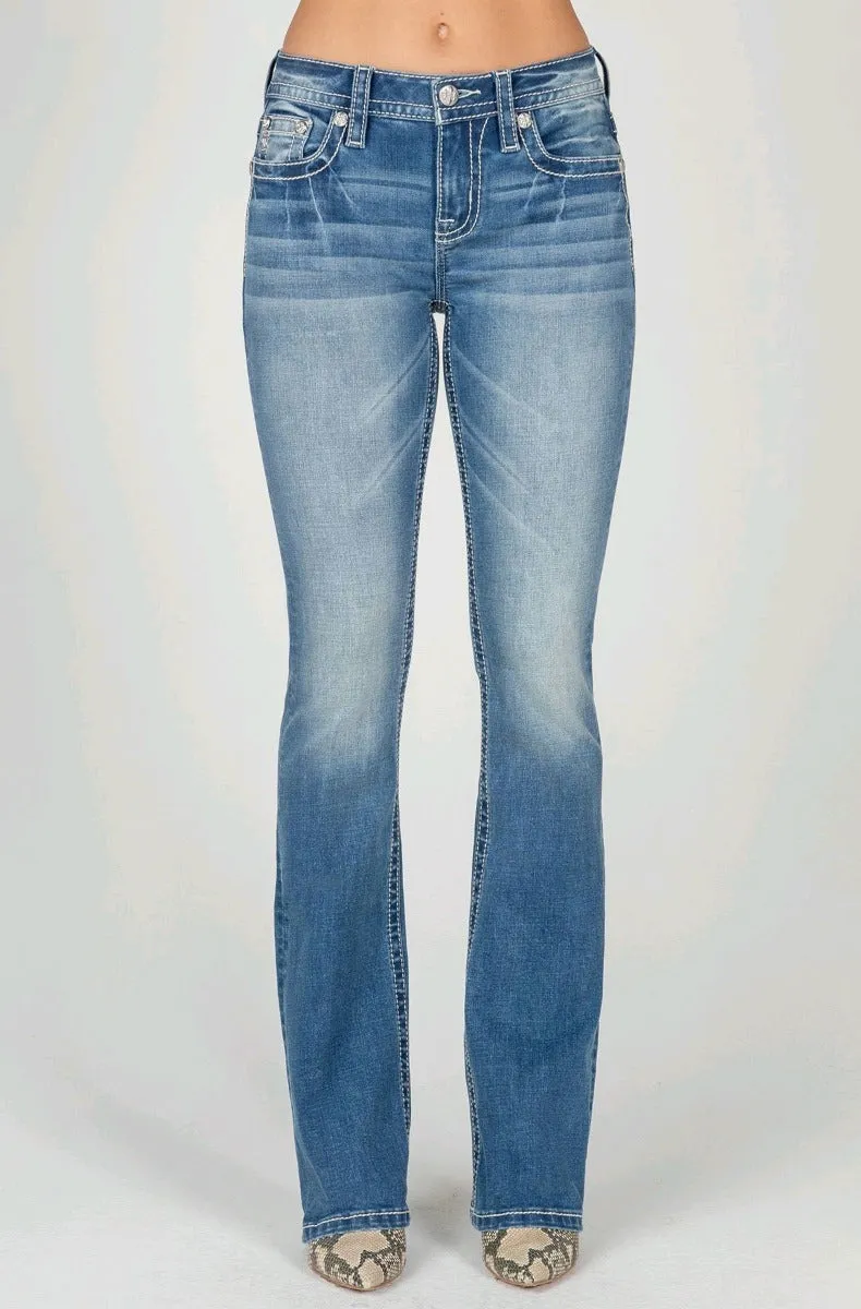 Miss Me Medium Wash 32 inch Mid-Rise Bootcut Floral Border Pocket  Women's Jeans M9295BV