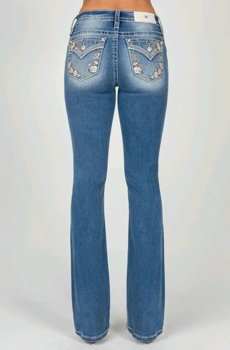 Miss Me Medium Wash 32 inch Mid-Rise Bootcut Floral Border Pocket  Women's Jeans M9295BV