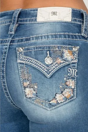 Miss Me Medium Wash 32 inch Mid-Rise Bootcut Floral Border Pocket  Women's Jeans M9295BV