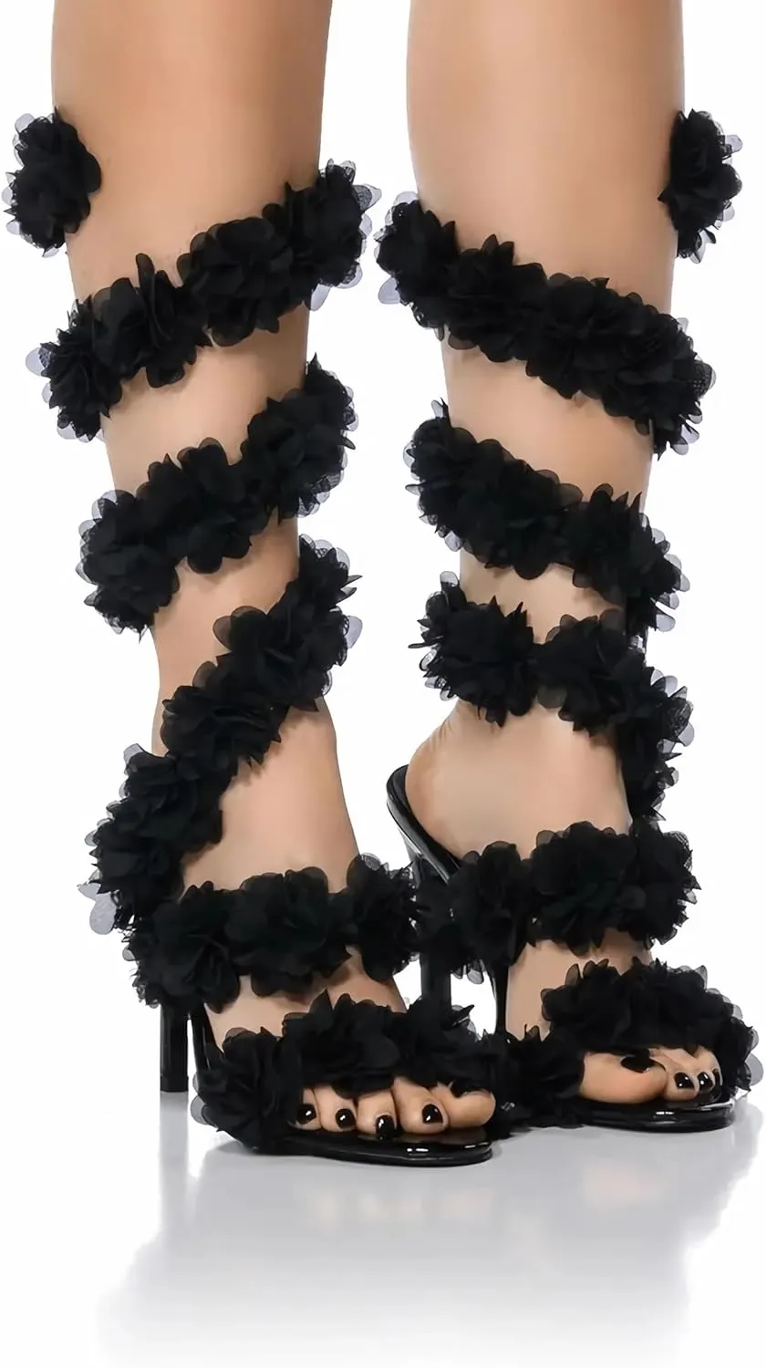 MissHeel Women Tulle Flowers Spiral Wrap Up Heels