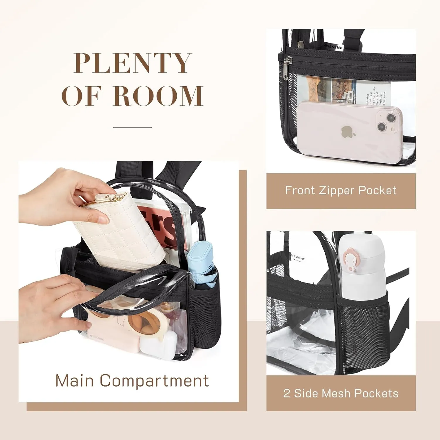 Missnine Clear Mini Backpack Stadium Approved, Thick PVC Mini Clear Bag for Sport Events, Concert, Festival