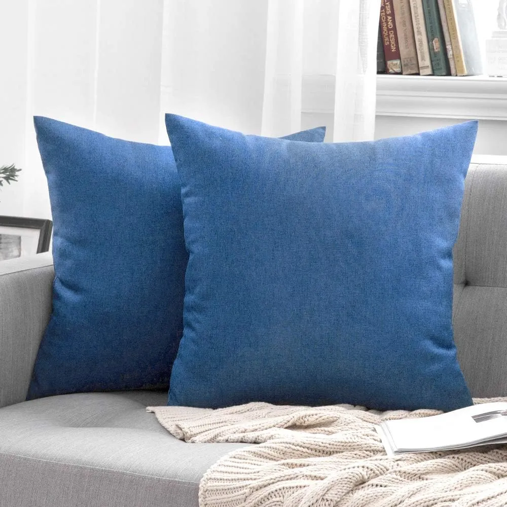 MIULEE Pack of 2 Decorative Outdoor Solid Waterproof Throw Pillow Covers Faux Linen Garden Farmhouse Cushion Cases for Patio Tent Balcony Couch Sofa 20x20 inch Blue