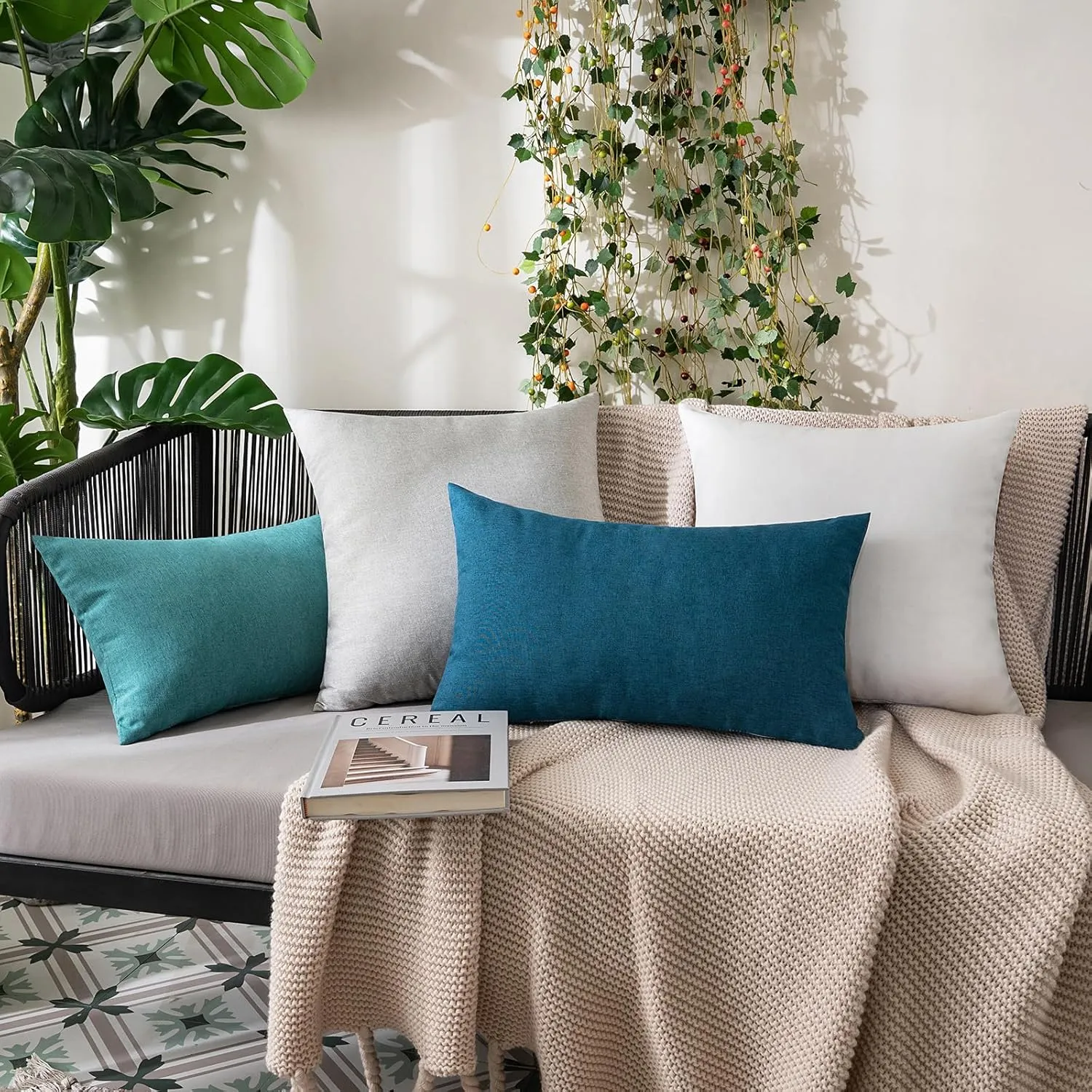 MIULEE Pack of 2 Decorative Outdoor Solid Waterproof Throw Pillow Covers Faux Linen Garden Farmhouse Cushion Cases for Patio Tent Balcony Couch Sofa 20x20 inch Blue