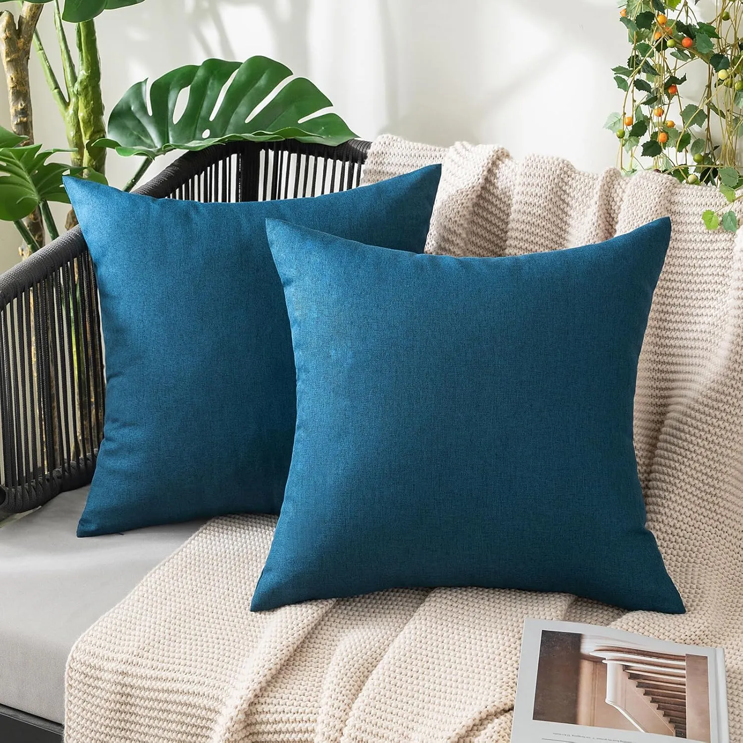 MIULEE Pack of 2 Decorative Outdoor Solid Waterproof Throw Pillow Covers Faux Linen Garden Farmhouse Cushion Cases for Patio Tent Balcony Couch Sofa 20x20 inch Blue