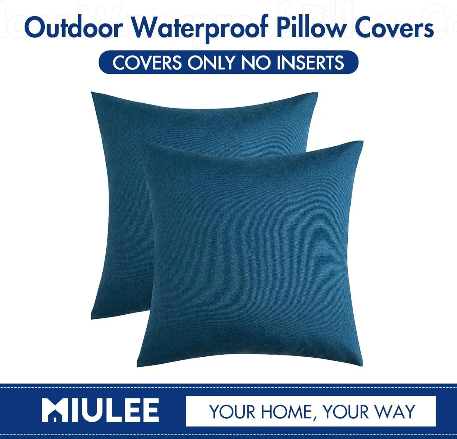MIULEE Pack of 2 Decorative Outdoor Solid Waterproof Throw Pillow Covers Faux Linen Garden Farmhouse Cushion Cases for Patio Tent Balcony Couch Sofa 20x20 inch Blue