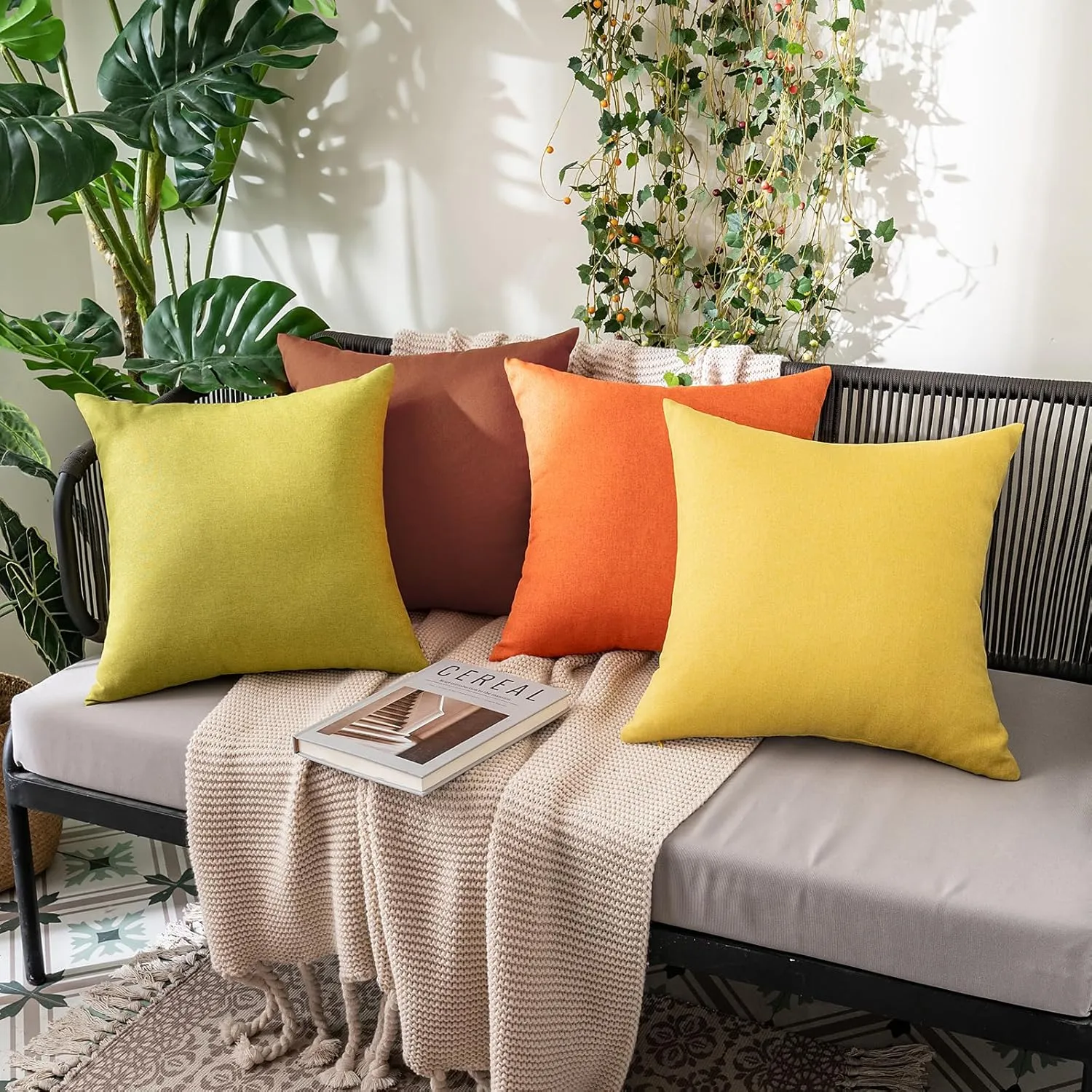 MIULEE Pack of 2 Decorative Outdoor Solid Waterproof Throw Pillow Covers Faux Linen Garden Farmhouse Cushion Cases for Patio Tent Balcony Couch Sofa 20x20 inch Bright Orange