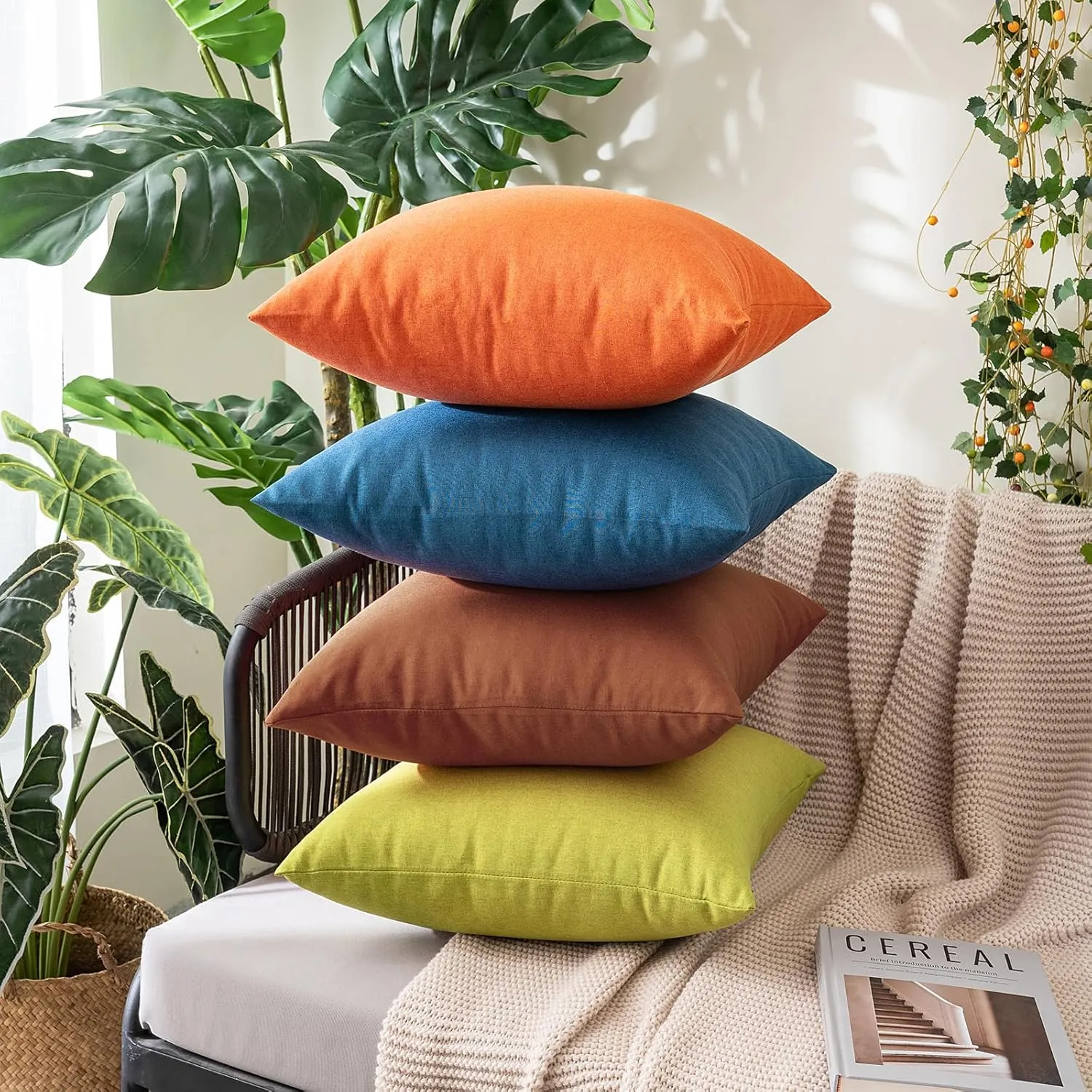 MIULEE Pack of 2 Decorative Outdoor Solid Waterproof Throw Pillow Covers Faux Linen Garden Farmhouse Cushion Cases for Patio Tent Balcony Couch Sofa 20x20 inch Bright Orange