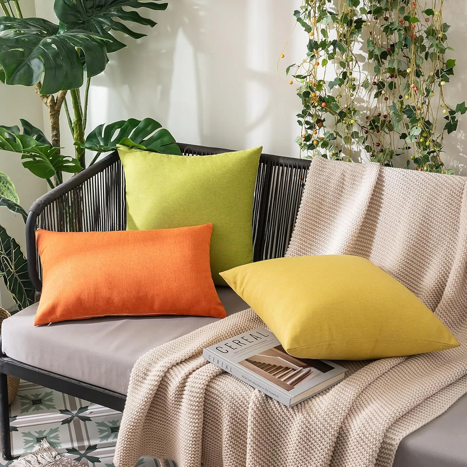 MIULEE Pack of 2 Decorative Outdoor Solid Waterproof Throw Pillow Covers Faux Linen Garden Farmhouse Cushion Cases for Patio Tent Balcony Couch Sofa 20x20 inch Bright Orange
