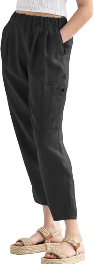 Miyaomn Women's Casual Tapered Cargo Capri Pants Cotton Linen High Elastic Waist Solid Cropped Lounge Trousers with Pockets