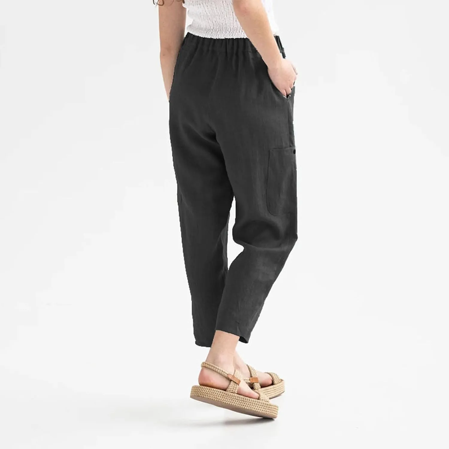 Miyaomn Women's Casual Tapered Cargo Capri Pants Cotton Linen High Elastic Waist Solid Cropped Lounge Trousers with Pockets