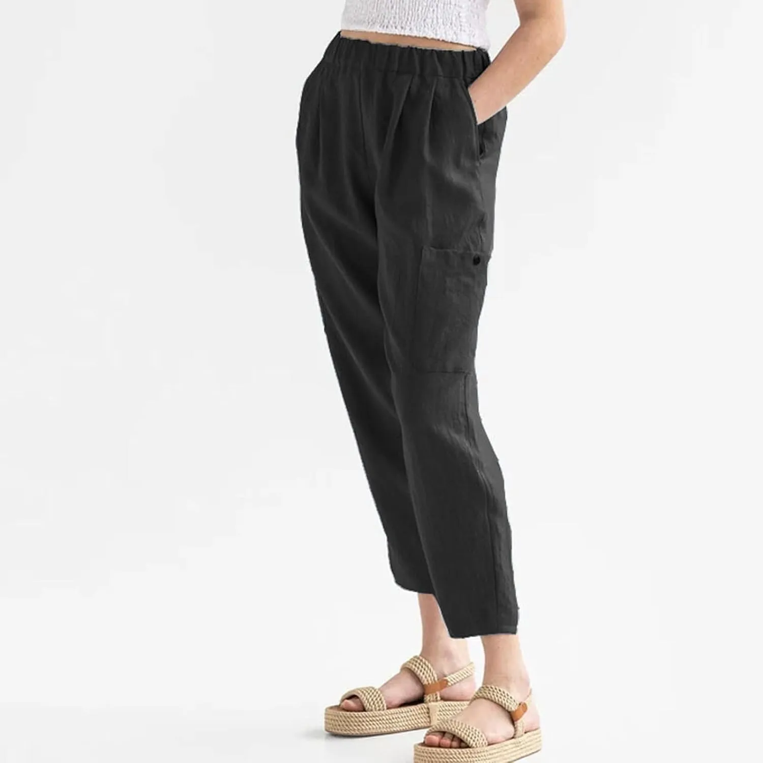 Miyaomn Women's Casual Tapered Cargo Capri Pants Cotton Linen High Elastic Waist Solid Cropped Lounge Trousers with Pockets