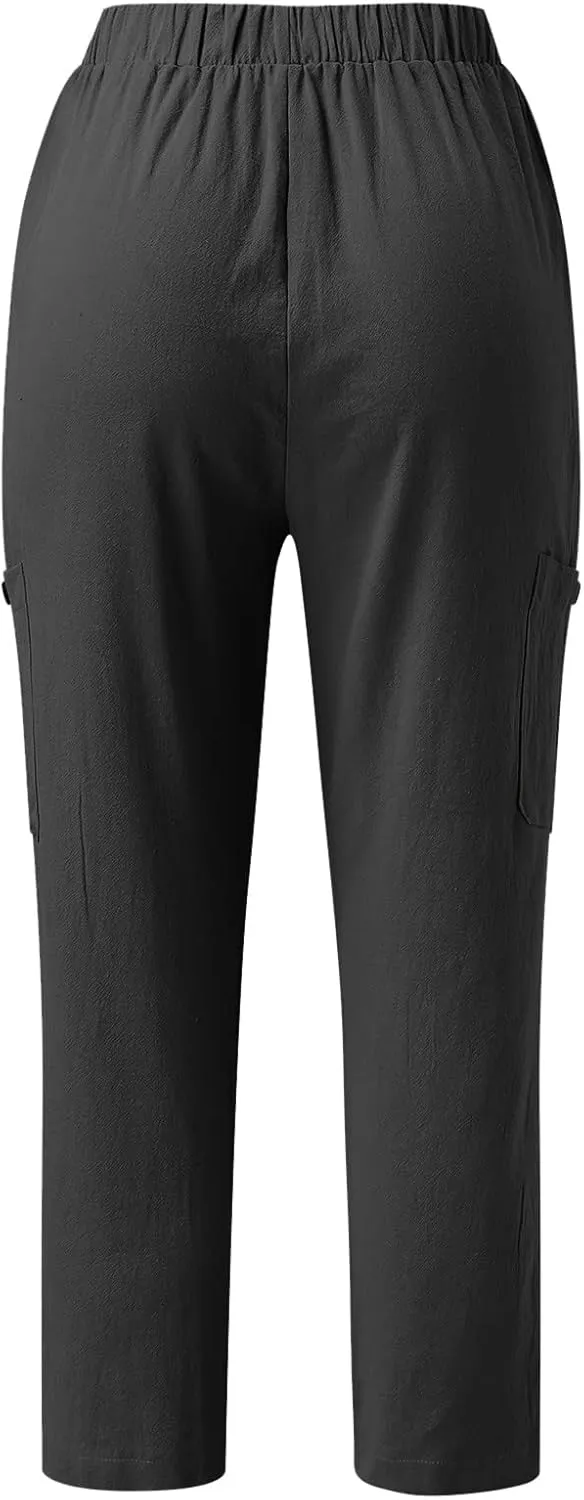 Miyaomn Women's Casual Tapered Cargo Capri Pants Cotton Linen High Elastic Waist Solid Cropped Lounge Trousers with Pockets