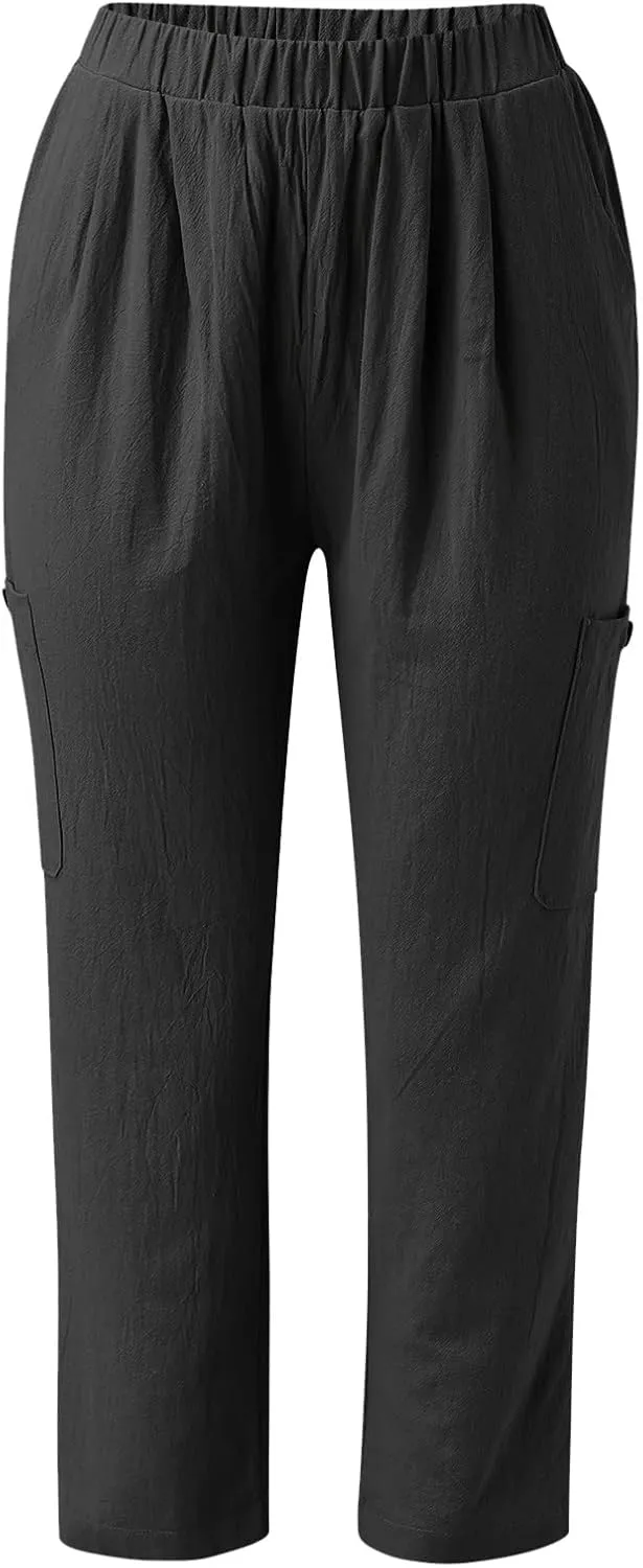 Miyaomn Women's Casual Tapered Cargo Capri Pants Cotton Linen High Elastic Waist Solid Cropped Lounge Trousers with Pockets